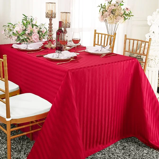 90"x132" Seamless Rectangular Striped Jacquard Polyester (220 GSM) Tablecloth - Apple Red (1pc)