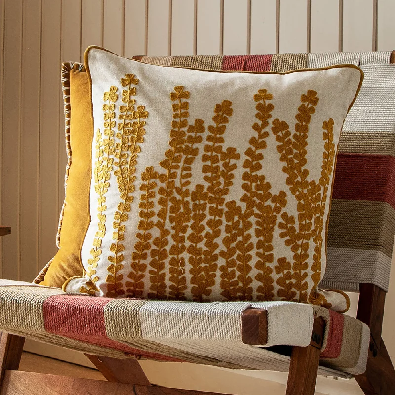 Herb Embroidered Feather Cushion Mustard