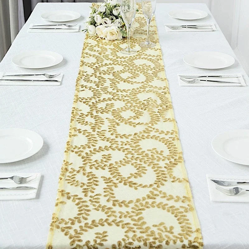 12"x108" Tulle Table Runner with Embroidered Leaves Vines Sequins