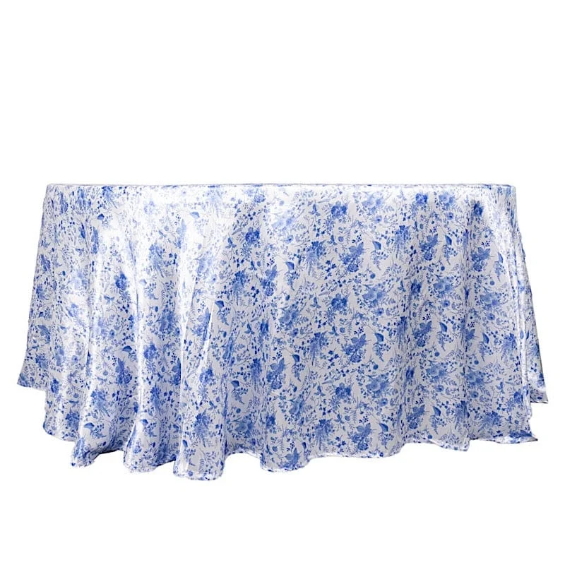 120" Floral Satin Round Tablecloth Wedding Party Table Linens - White with Blue