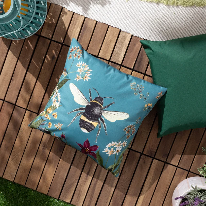 Midnight Garden Bee Outdoor Cushion Teal