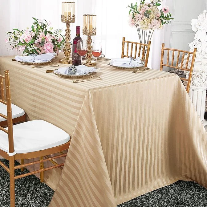 90"x132" Seamless Rectangular Striped Jacquard Polyester (220 GSM) Tablecloth - Champagne (1pc)