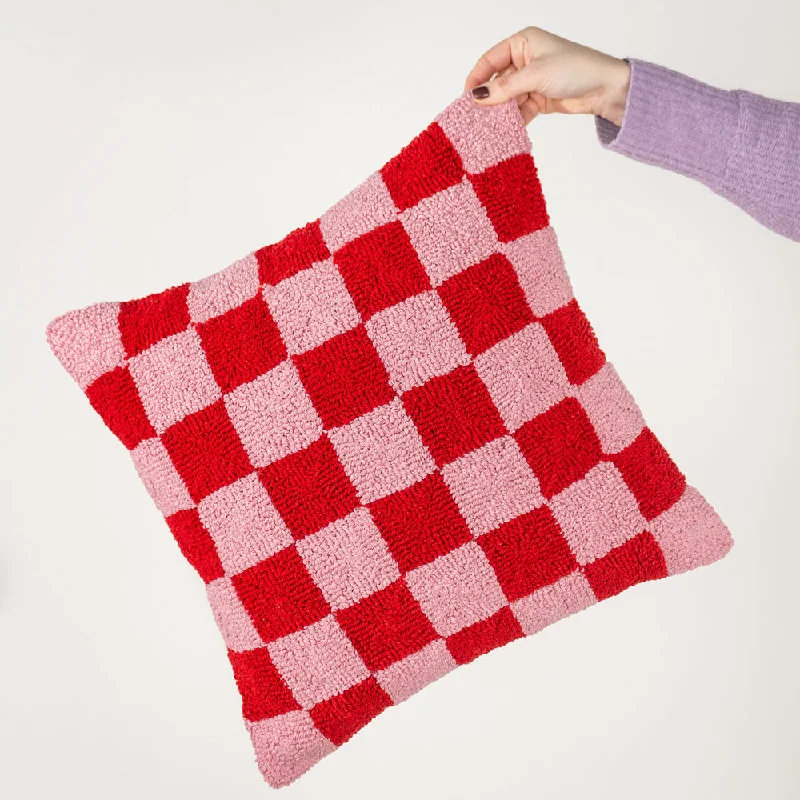 Check Knitted Cushion Red or Dead Pink