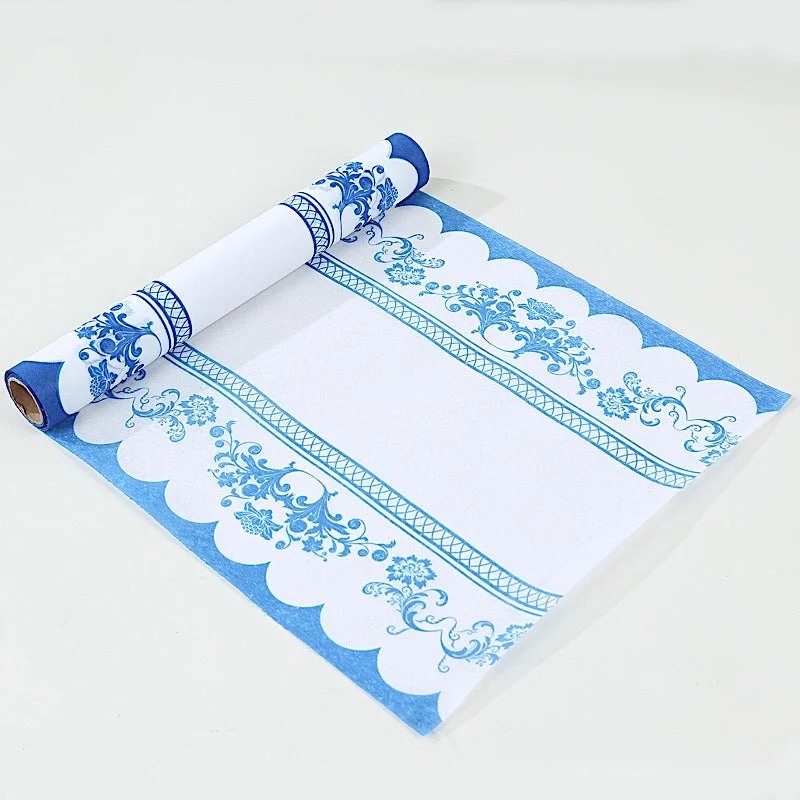 11" x 108" Bordered Style Non-Woven Table Runners with Ornate Floral Prints - White and Blue