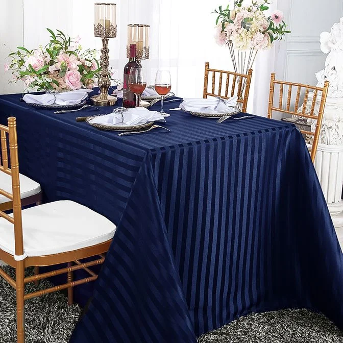 90"x132" Seamless Rectangular Striped Jacquard Polyester (220 GSM) Tablecloth - Navy Blue (1pc)