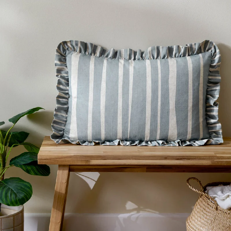 Carmon Stripe Ruffle Cushion Linen/Blue