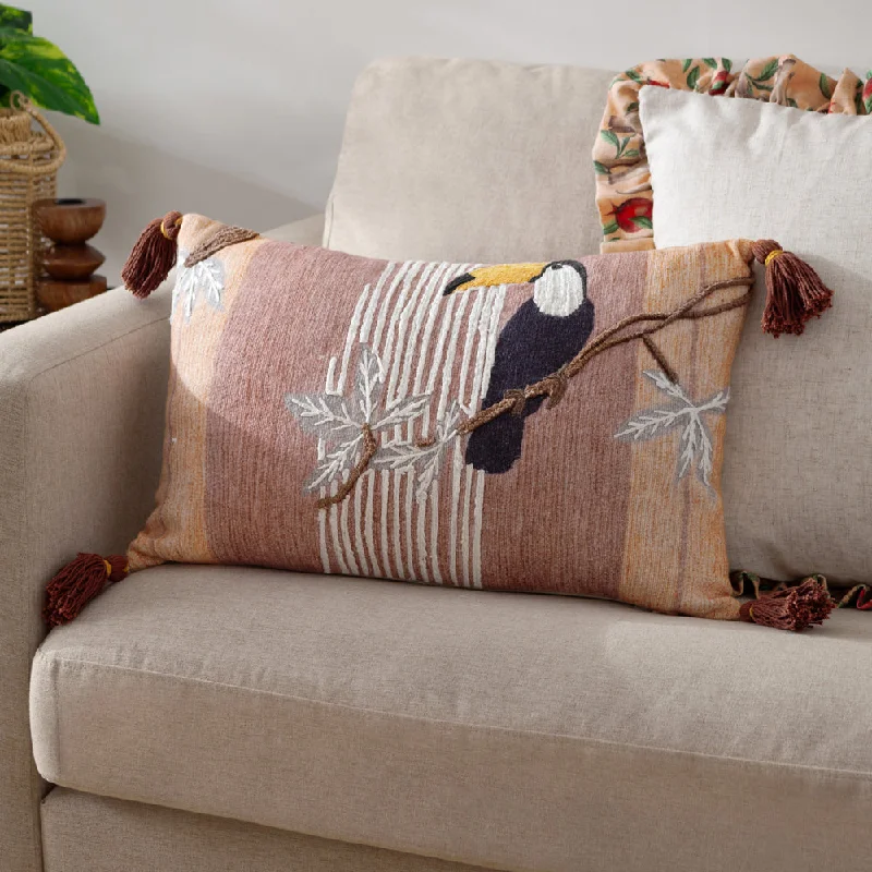 Treetop Toucan Embroidered Cushion Natural