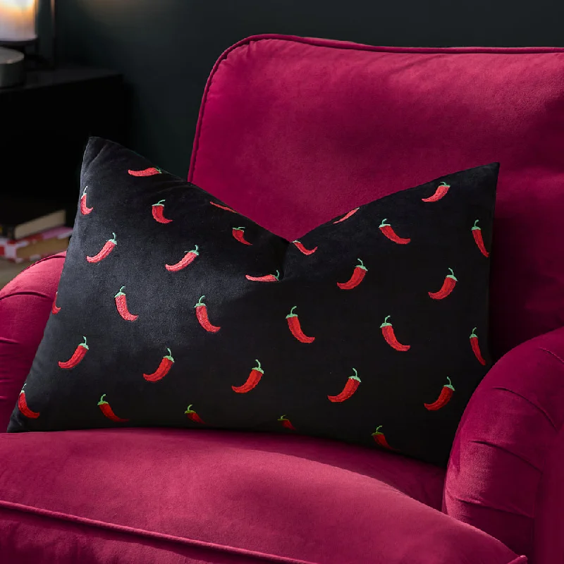 Chillies Embroidered Cushion Black