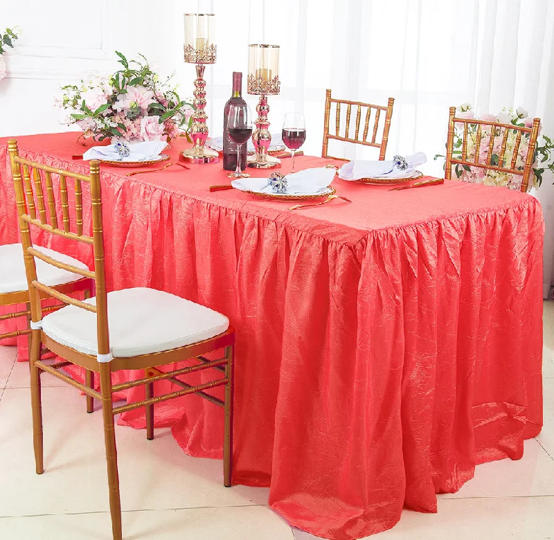 8 Ft Rectangular Ruffled Fitted Crushed Taffeta Tablecloth With Skirt - Coral (1pc)