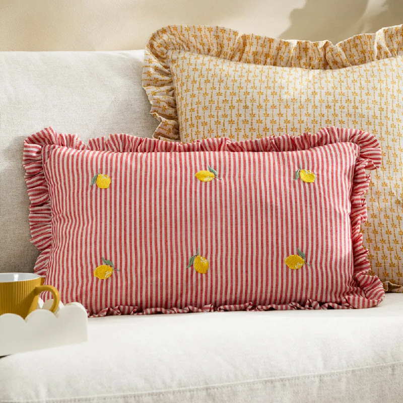 Les Fruites Embroidered Ruffle Cushion Lemons