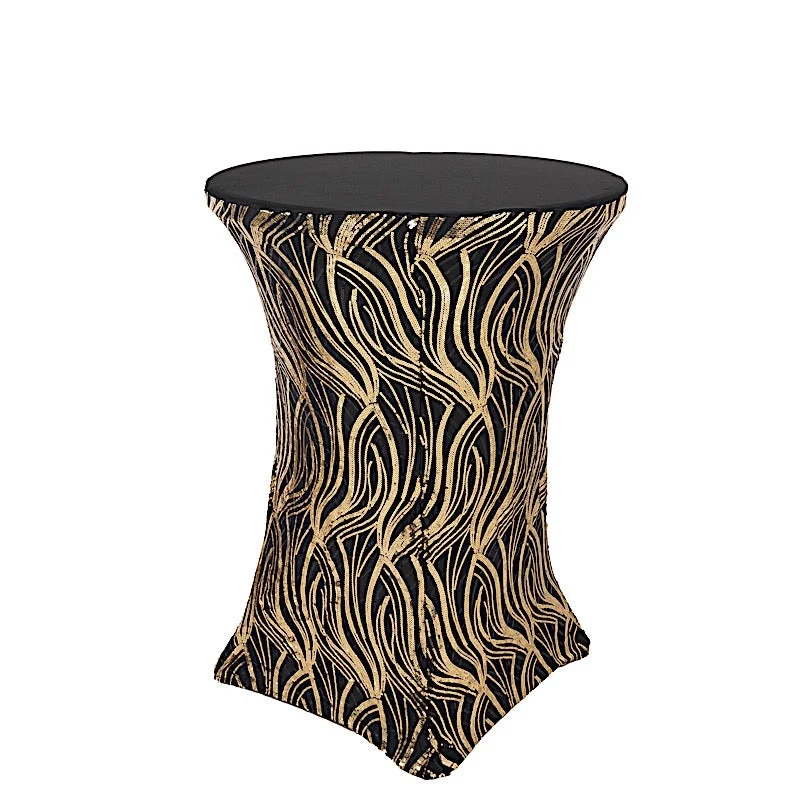 Cocktail Spandex Table Cover with Wave Embroidered Sequins - Black and Gold