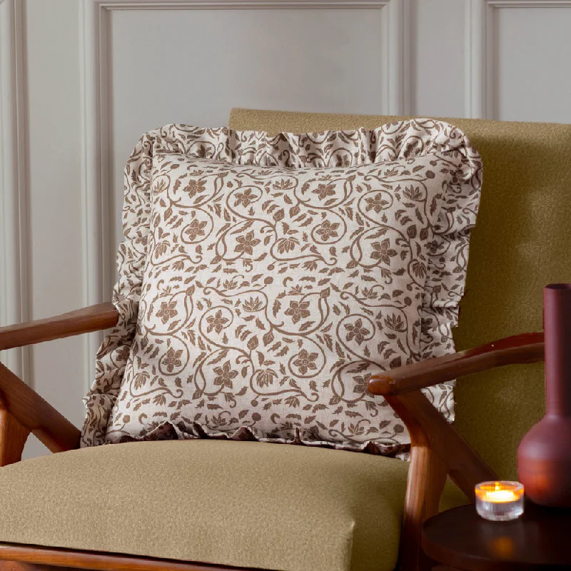 Linen Filigree Printed Ruffle Cushion Linen/Olive