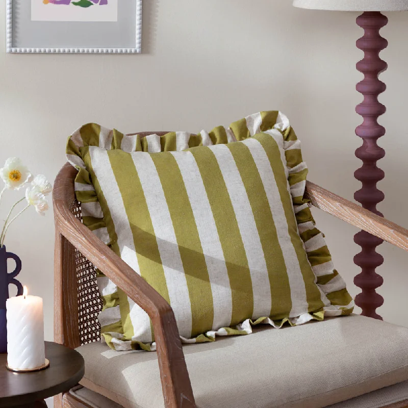 Linen Stripe Printed Ruffle Cushion Linen/Olive