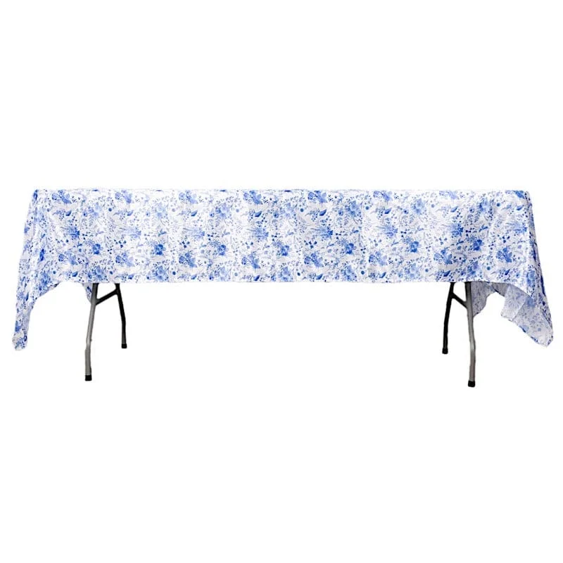 60" x 102" Floral Satin Rectangular Tablecloth - White with Blue