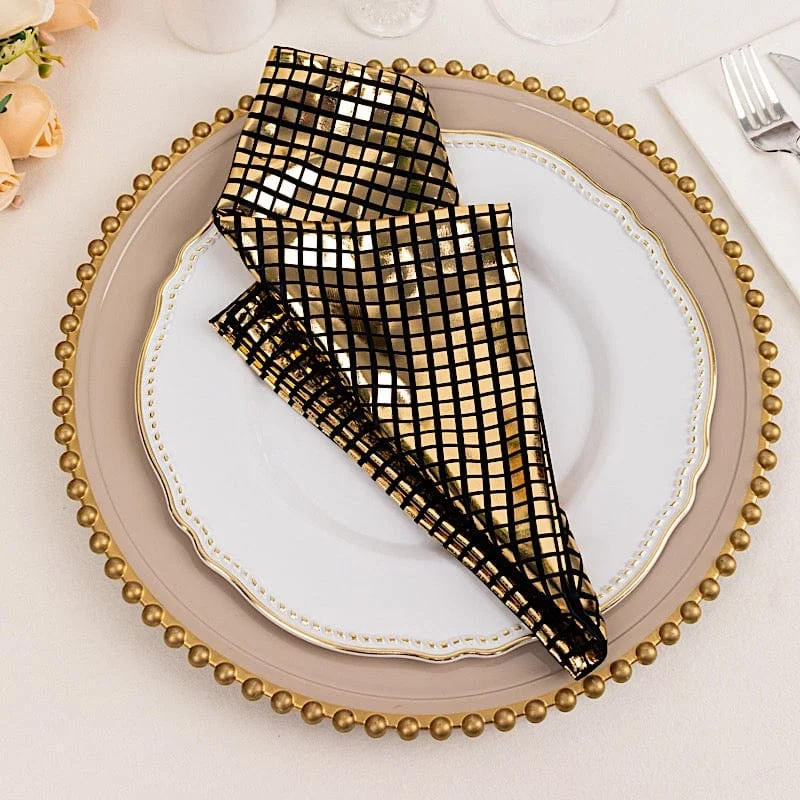 5 Polyester 20" x 20" Dinner Table Napkins with Mirror Foil - Black and Gold