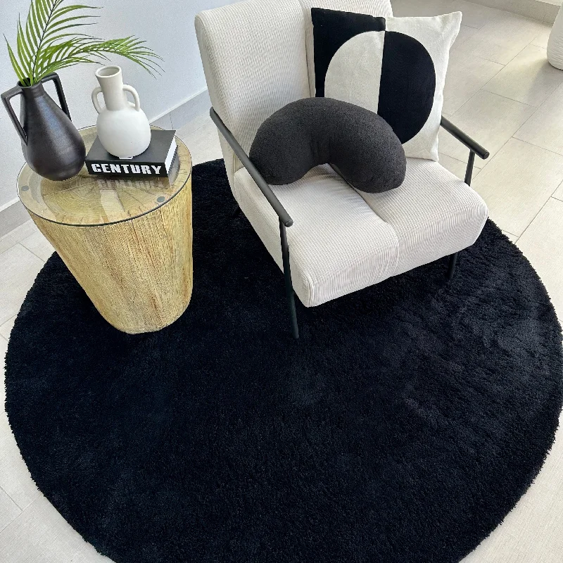 Super Soft Black Round Shaggy Rug 6'