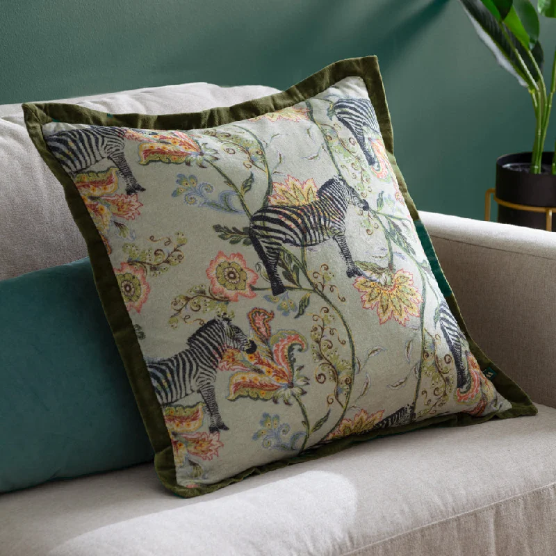 Sundara Printed Velvet Cushion Ecru/Green