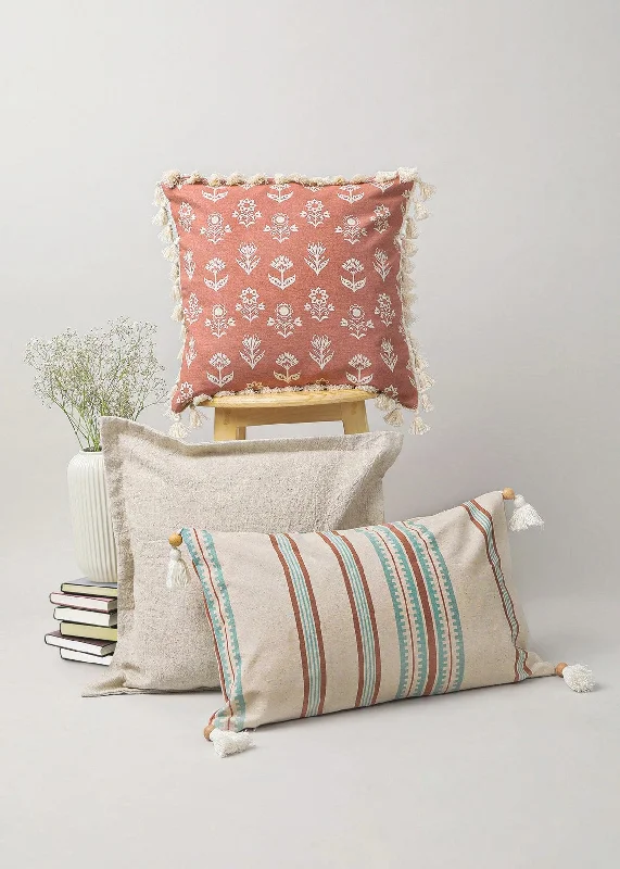 Roman Stripe Lumbar, Linen Solid 16" , Dahlia Rust 16" Set Of 3 Combo Cotton Cushion Cover - Rust And Beige