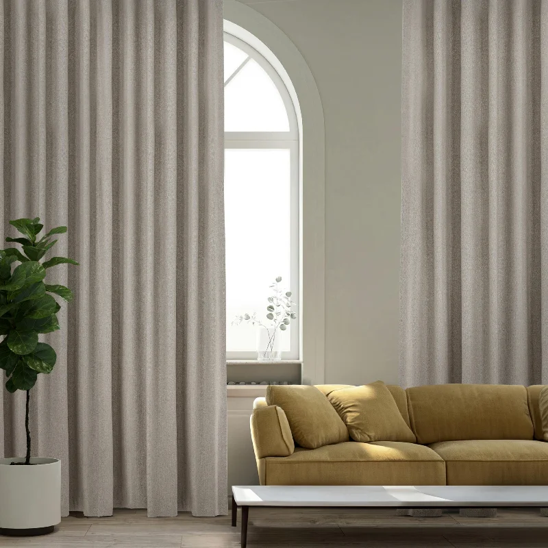 Taupe Chevron Wool Curtains With Leather Tabs