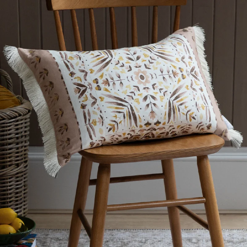 Kari Printed Ruche Fringe Cushion Stone