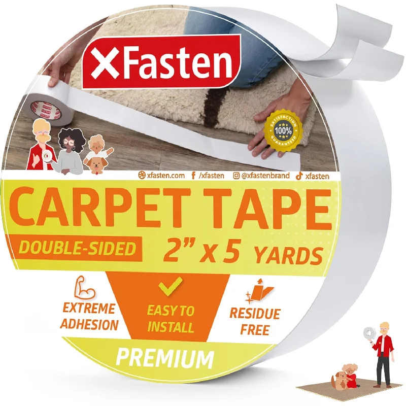 XFasten Rug Gripper Tape Double Sided - 2” x 5 Yds 3-In Core Carpet Tape for Rug, Carpet to Carpet Rug Gripper for Hardwood Floors, Floor Tape for Rugs in High Traffic Areas, Easy to Use Area Rug Tape