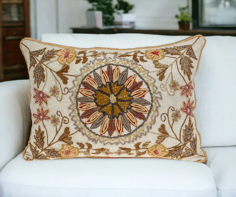 20" X 14" Beige Cotton Throw Pillow With Embroidery