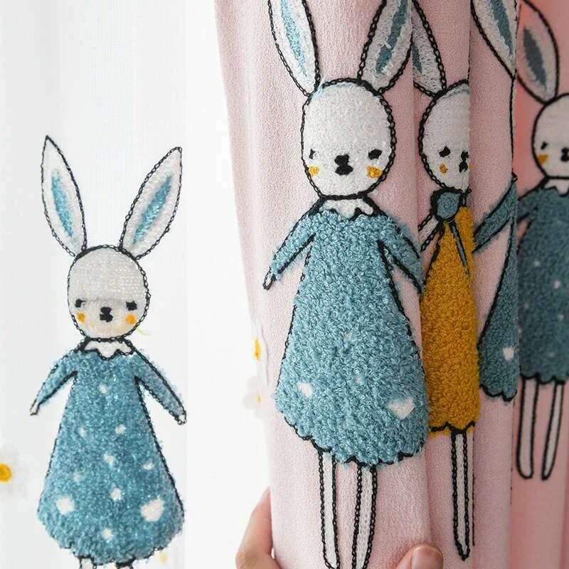 Rémy Embroidered Rabbit / Bunny Curtains - Pink