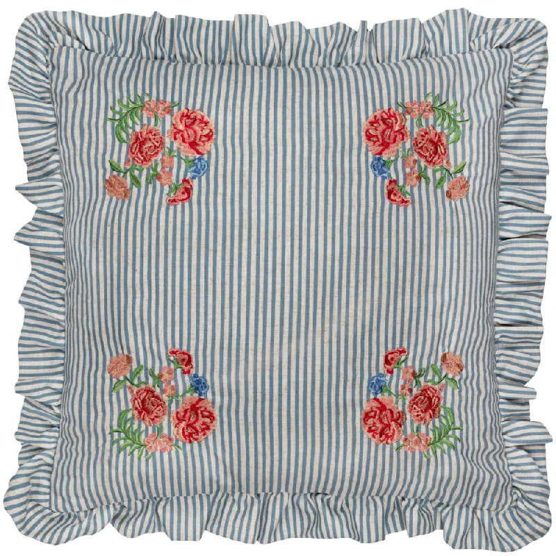 Martha Embroidered Ruffle Cushion Blue