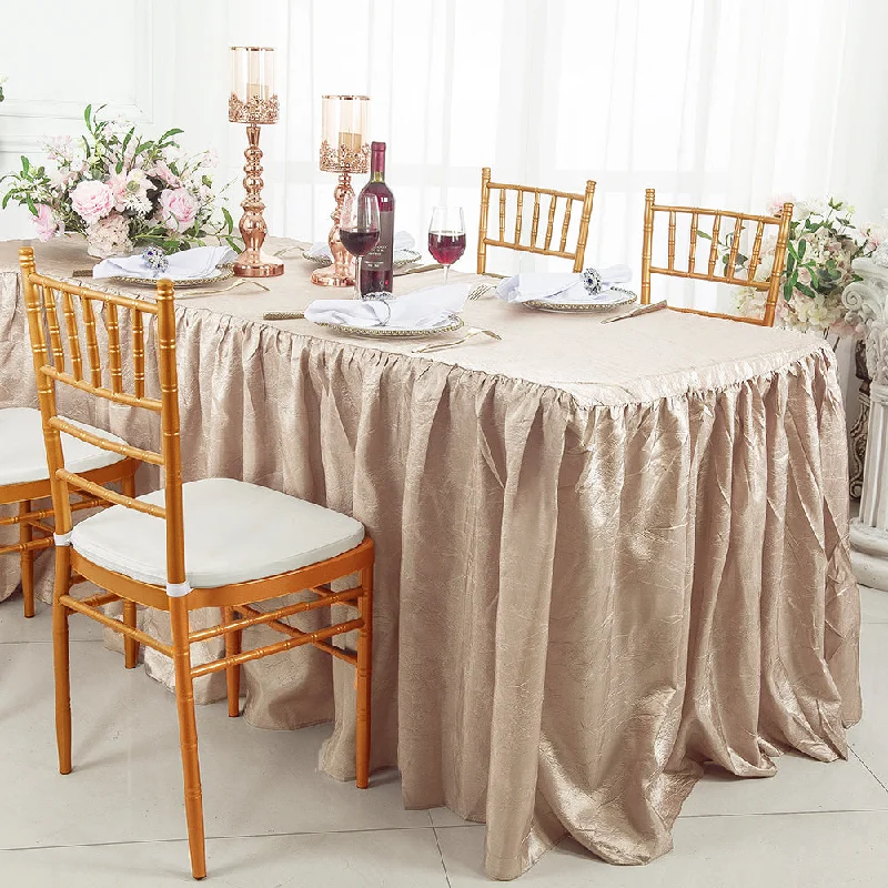 8 Ft Rectangular Ruffled Fitted Crushed Taffeta Tablecloth With Skirt - Champagne (1pc)