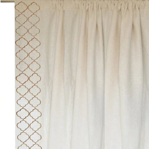 Ivory Linen Curtains, Beige Trellis Embroidery Curtain, Custom Window Curtains, Fretwork Door Curtain, Housewarming Gift, Window Treatment