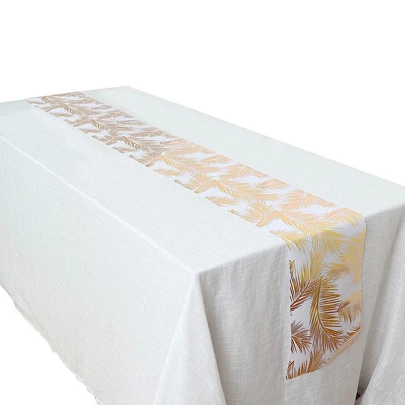 11"x108" Metallic Palm Leaves Print Non Woven Fabric Table Runner - White and Gold