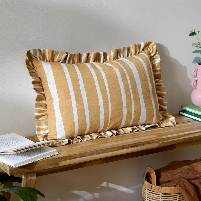 Carmon Stripe Ruffle Cushion Linen/Ochre