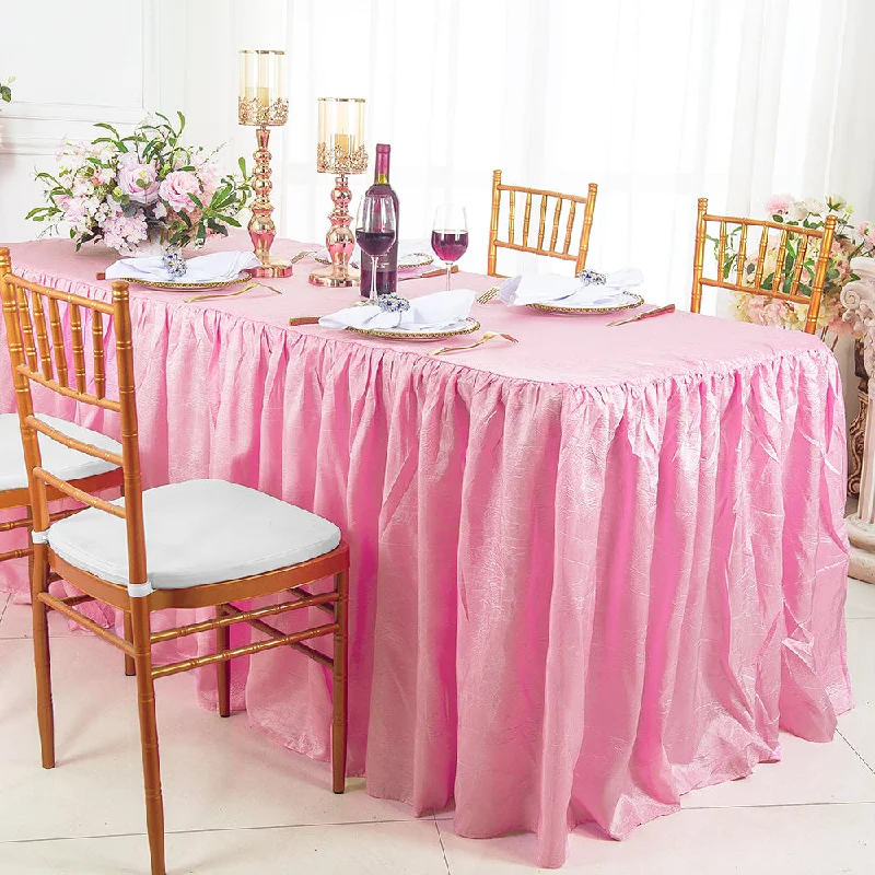 8 Ft Rectangular Ruffled Fitted Crushed Taffeta Tablecloth With Skirt - Pink (1pc)