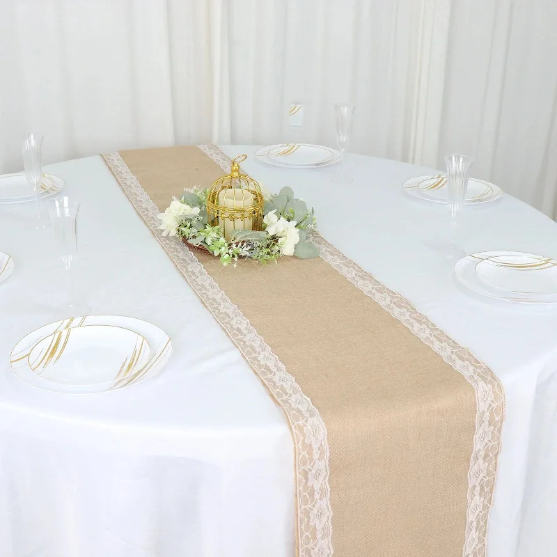 14" x 104" Burlap with Lace Trim Table Runner - White and Natural