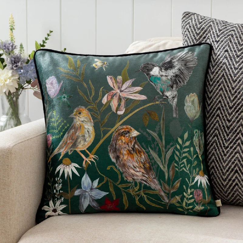 Meadow Bloom Birds Printed Chenille Cushion Teal