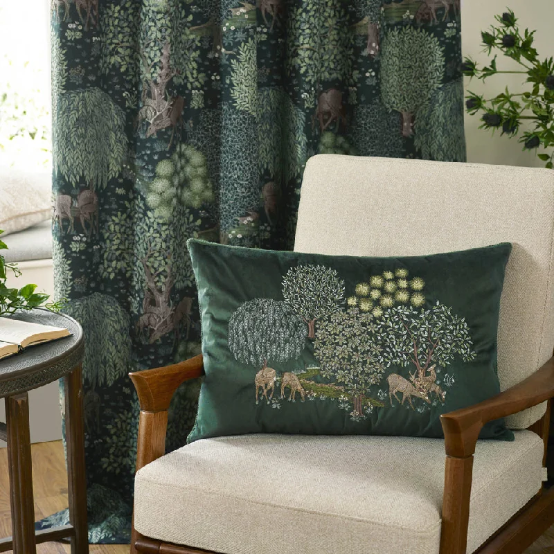 Brook Embroidered Velvet Cushion Forest Green