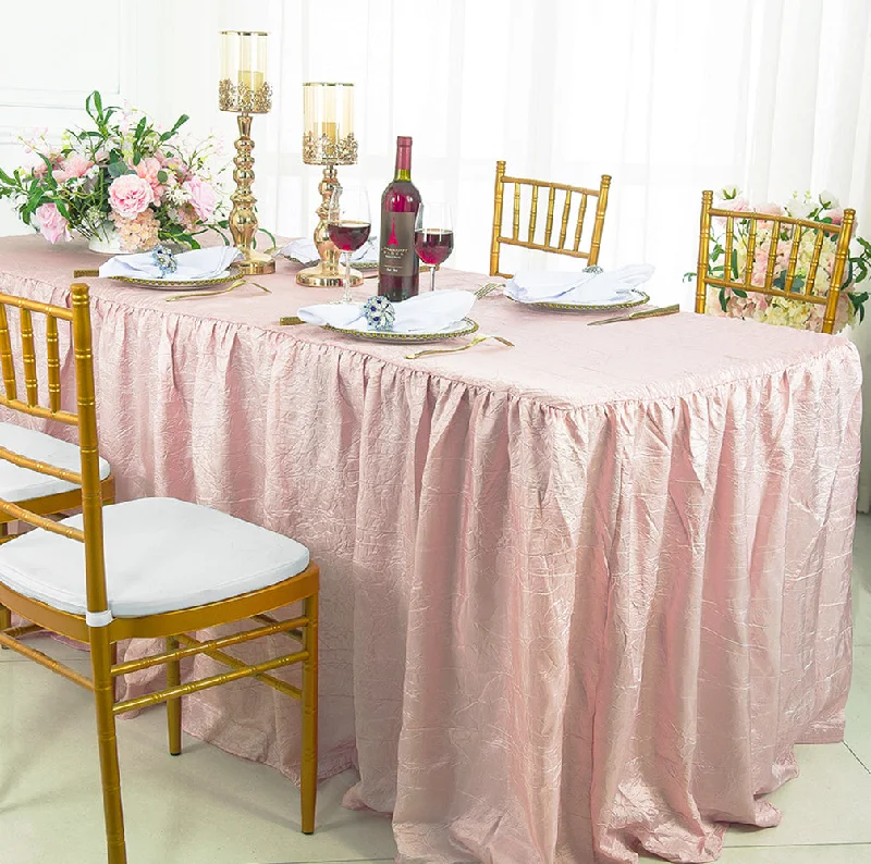 8 Ft Rectangular Ruffled Fitted Crushed Taffeta Tablecloth With Skirt - Blush Pink/Rose Gold (1pc)